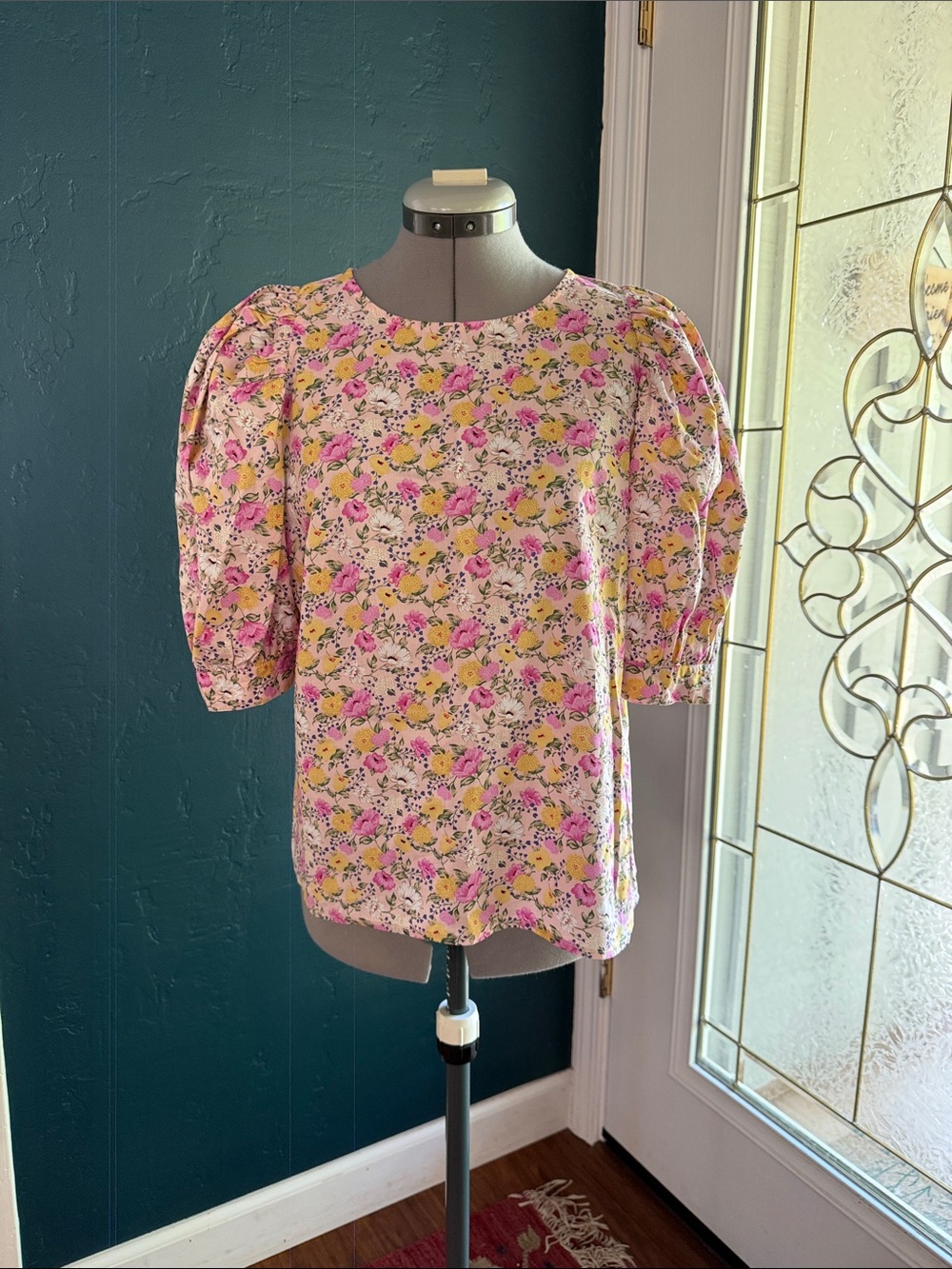 En Saison Cotton Floral Puff-Sleeve Blouse in Pink and Yellow